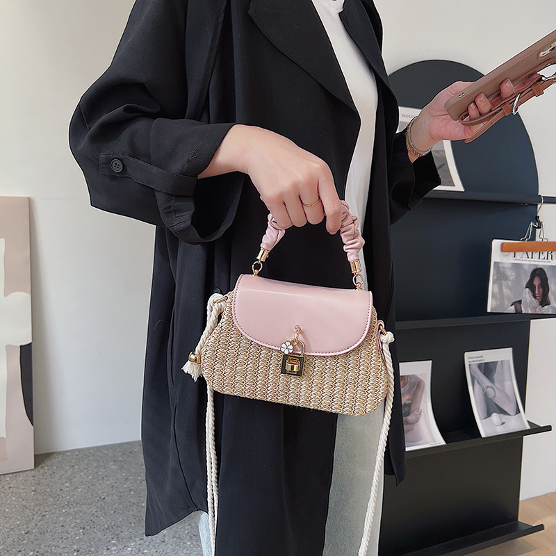 2024 Wholesale Straw Beach Bags Women Handbags Sac En Paille Pink Pu Leather Straw Crossbody Bag With Lock