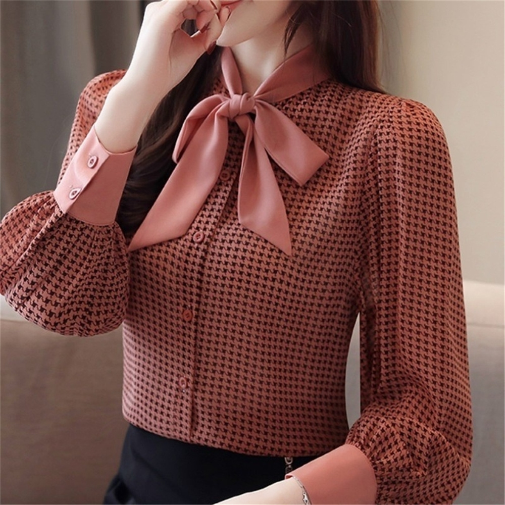 Big Lantern Sleeve Blouse Women Autumn Spring Single Breasted Bow Collar Shirts Office Work Blouses Plaid Vintage Shirts 9357#