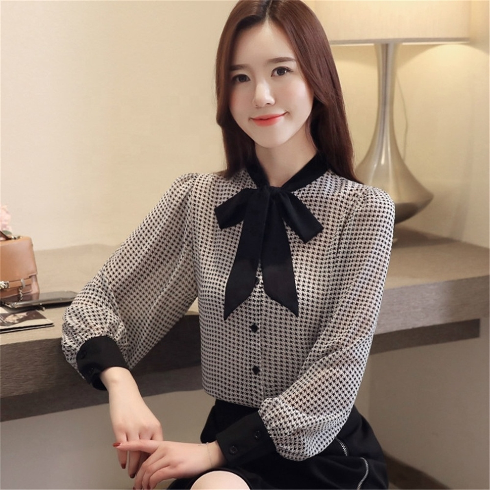 Big Lantern Sleeve Blouse Women Autumn Spring Single Breasted Bow Collar Shirts Office Work Blouses Plaid Vintage Shirts 9357#