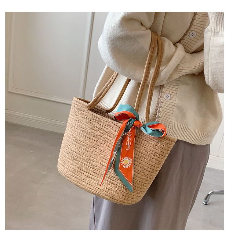 Wholesale Straw Bags European Style Silk Scarf Bucket Bag Bolsa De Paja Elegant Tote Handbags Women Shoulder Bags