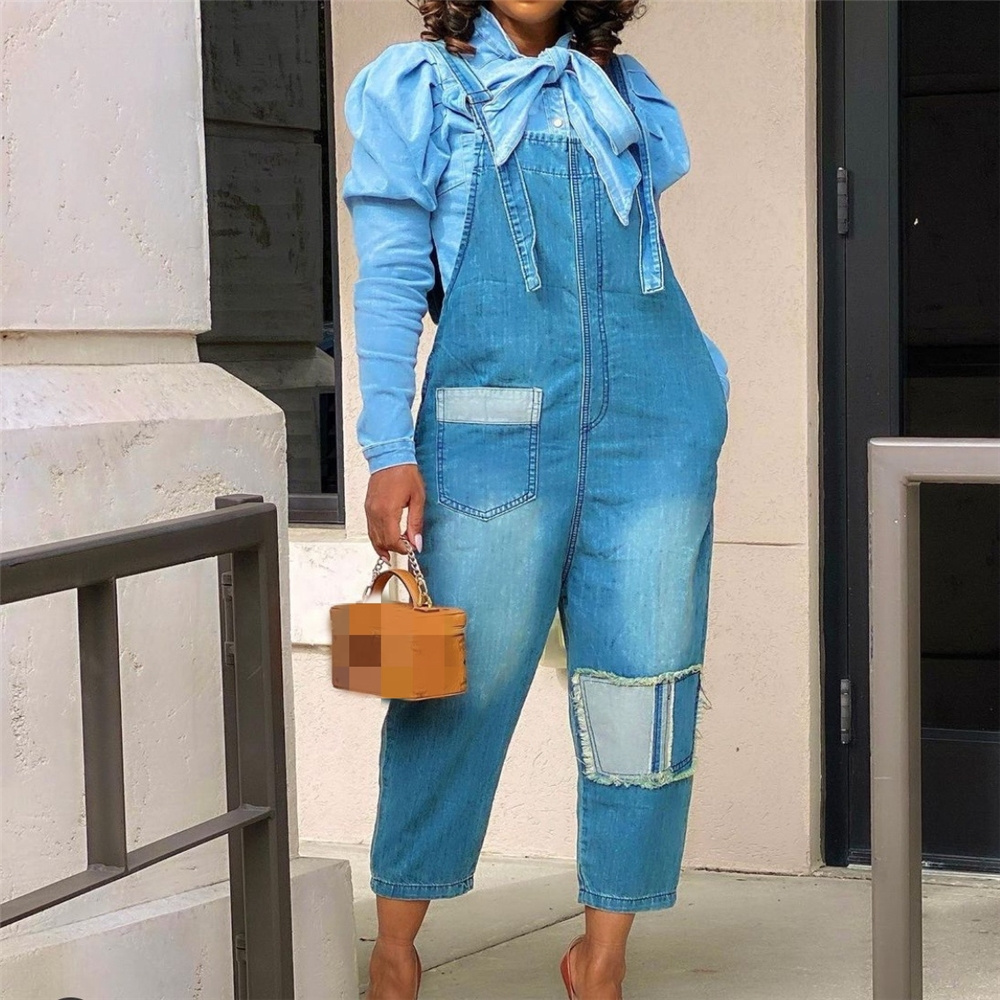 Spring Vintage New Casual Cargo Denim Washed Jeans Pants Suspenders Jumper Loose Pocket Trousers Womens Lady Overalls Pants