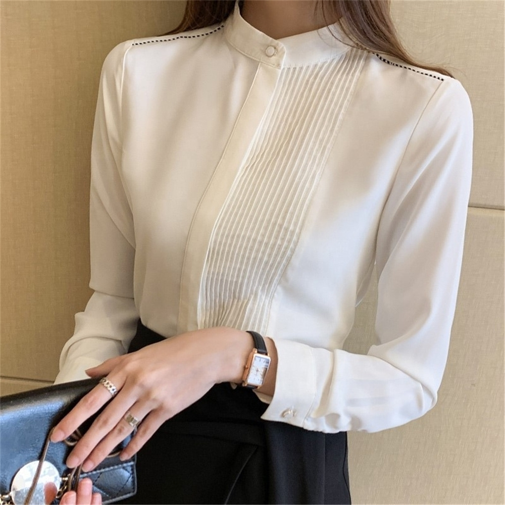 Wholesale  Long Sleeve Chiffon Blouse Shirt Tops 2021 Stand Collar Office Women Blouses Blusa