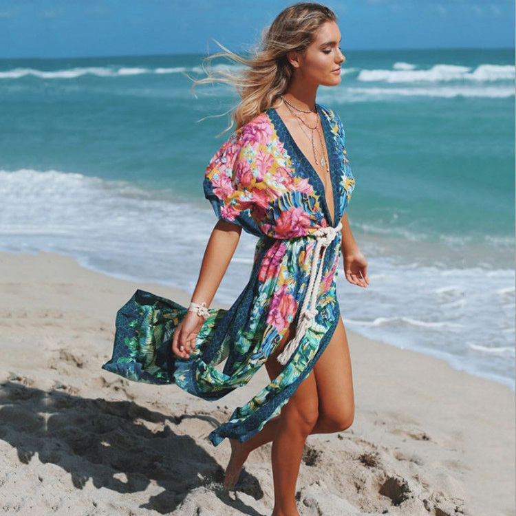 Kimono Beach 2021 Wholesale Casual Floral Print Long Cardigan Chifong Women Wear Kimonos Beach Cover Up Dress