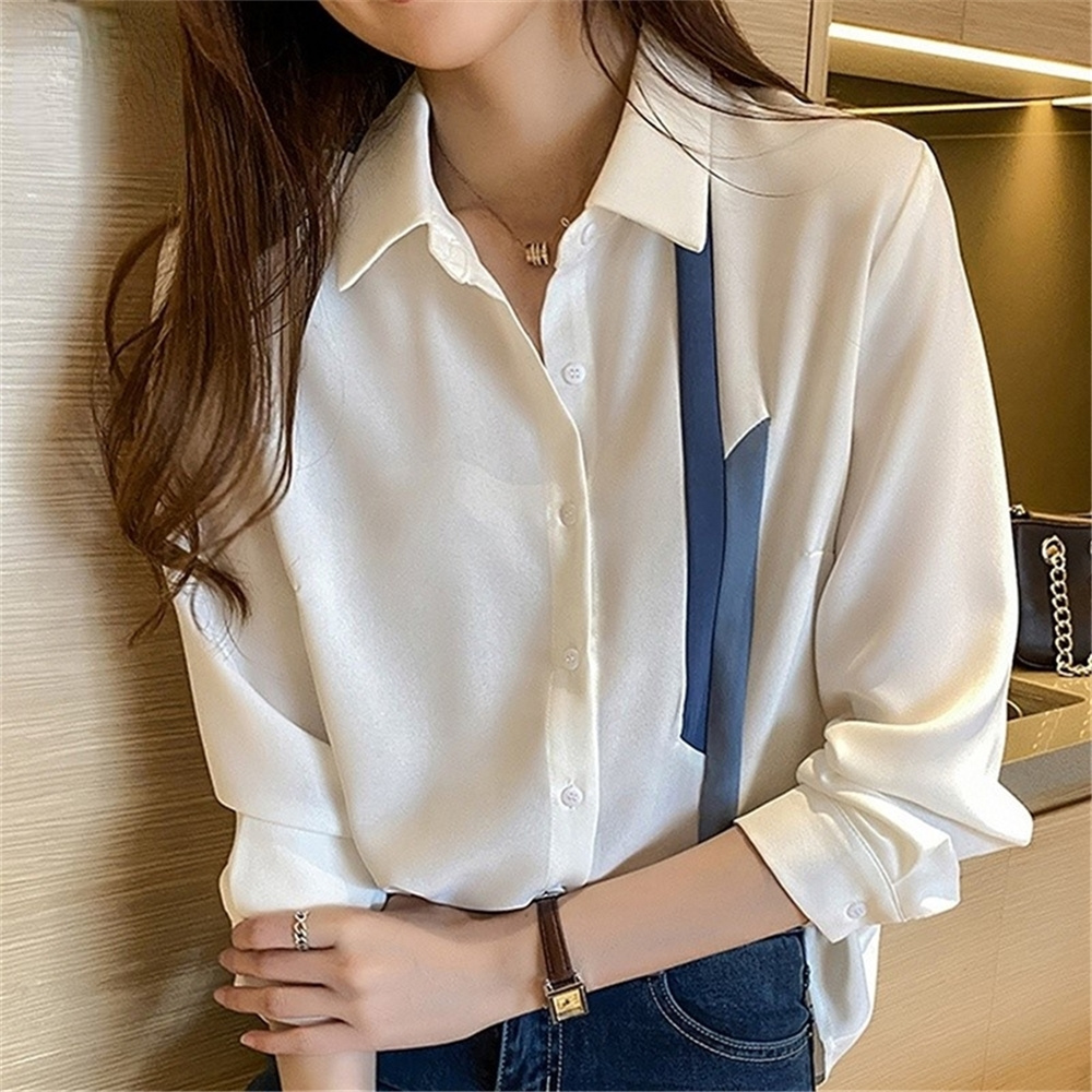 Blouse Women Spring Autumn Single Breasted Turn-Down Collar Shirts Office Work Blouses Chiffon Vintage Loose Tops 18114#