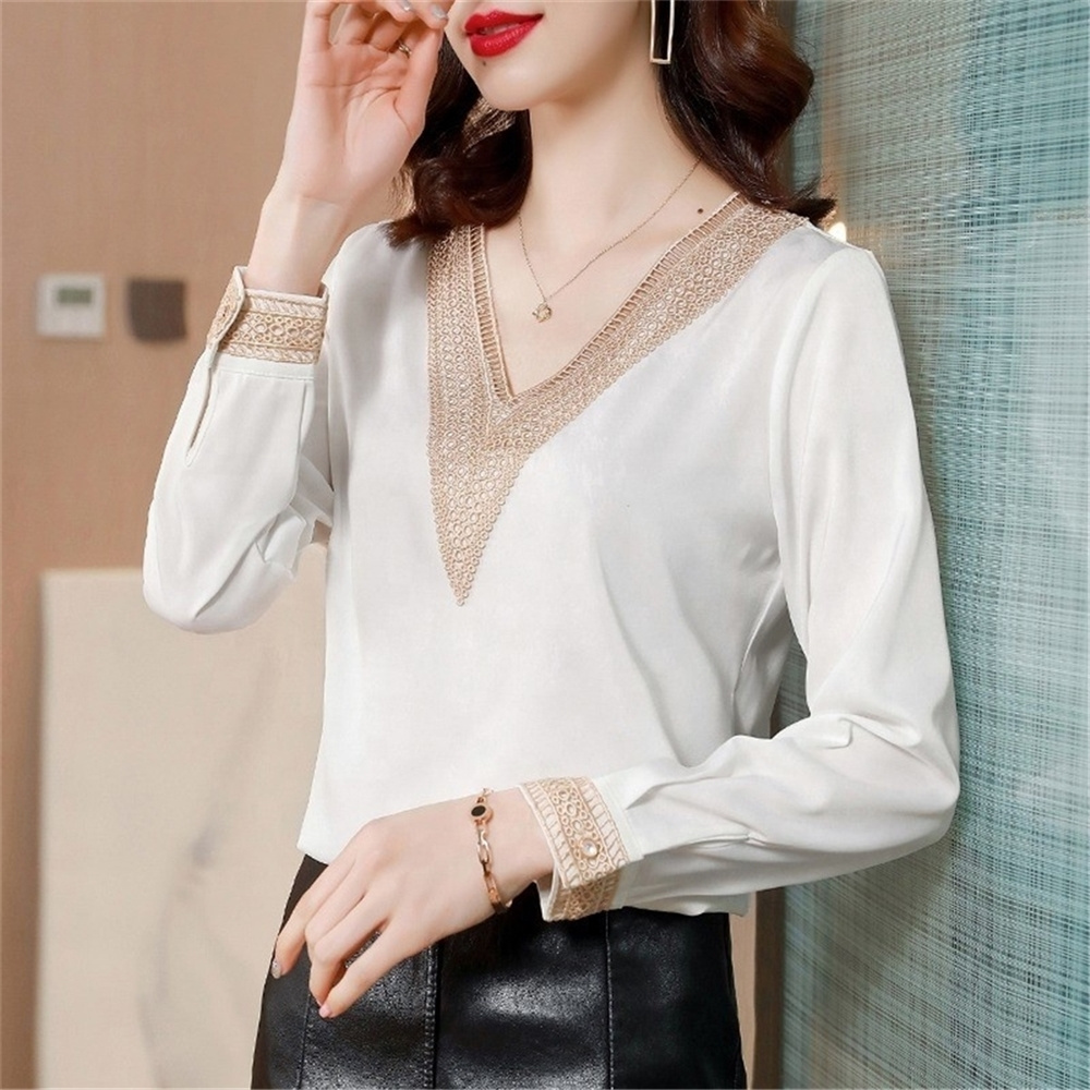 2023 Long Sleeve Solid White Black V-Neck Embroidery Chiffon Blouse Shirt Office Lady Work Blusas Mujer E653