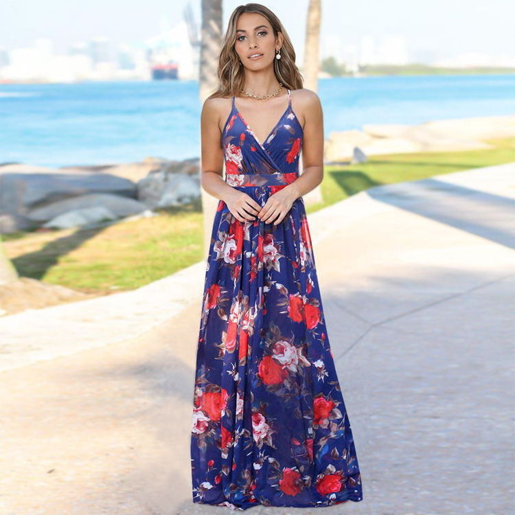 Beach Dresses 2022 Wholesale Summer Longue Robe De Plage Sexy Flora Print New Fashion Lady Maxi Long Beach Dress For Women