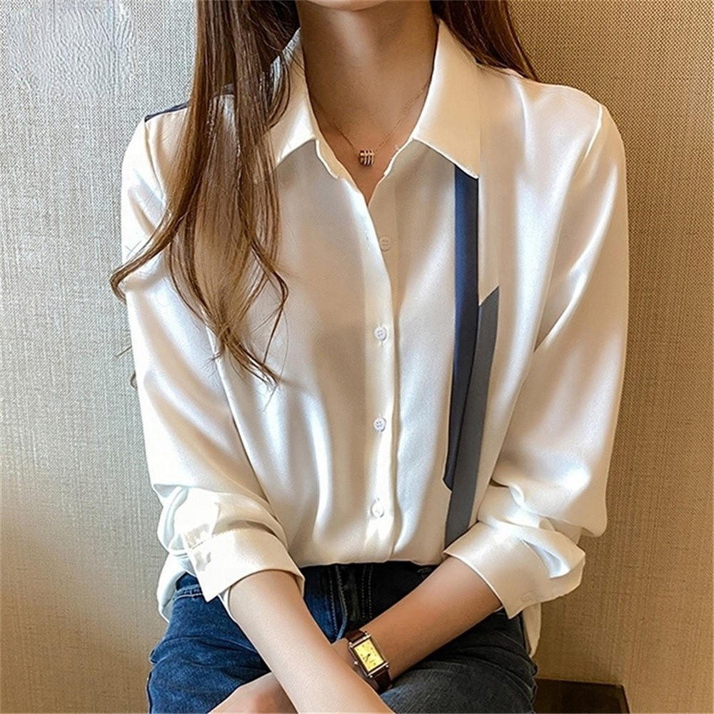 Blouse Women Spring Autumn Single Breasted Turn-Down Collar Shirts Office Work Blouses Chiffon Vintage Loose Tops 18114#