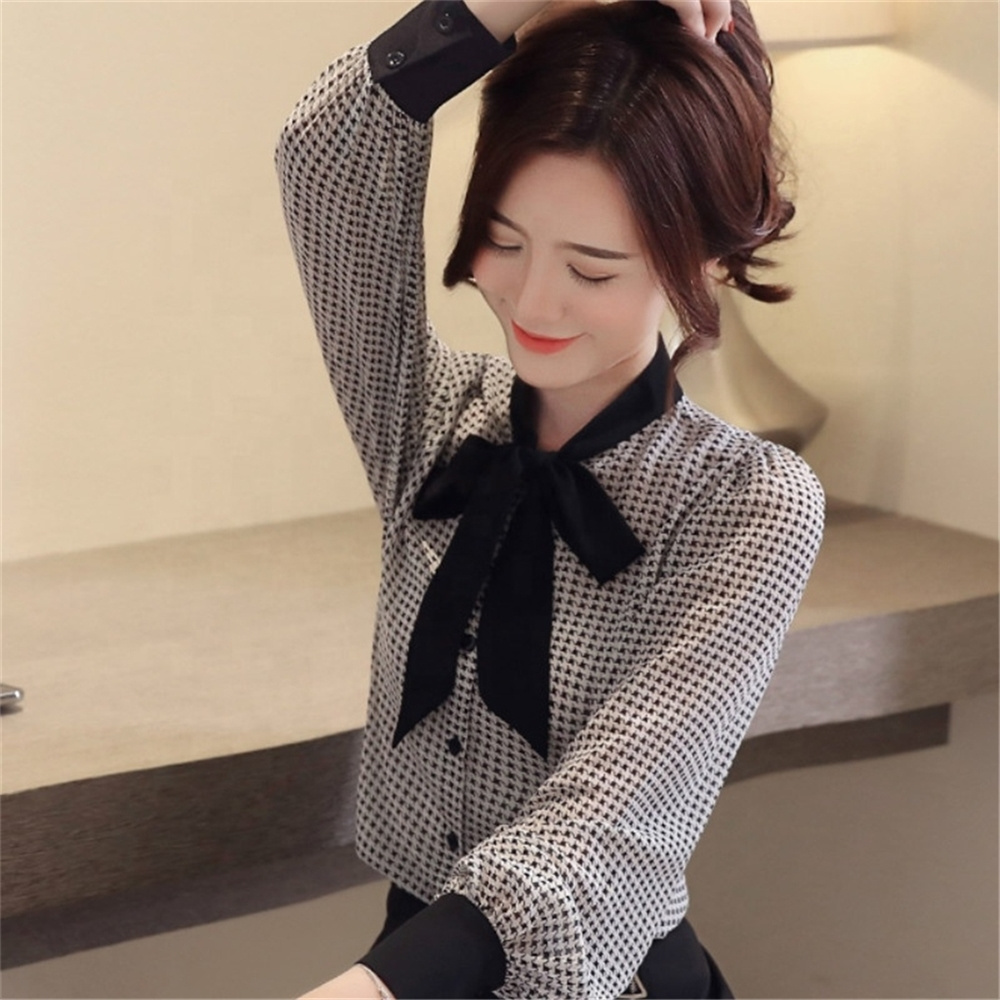 Big Lantern Sleeve Blouse Women Autumn Spring Single Breasted Bow Collar Shirts Office Work Blouses Plaid Vintage Shirts 9357#