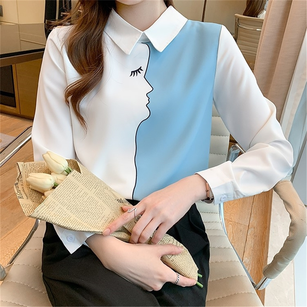 Women Spring Autumn Vintage Stitching Print Blouses Korean Elegant Office Shirt Long Sleeve Shirt Ladies Chiffon Blouse Top