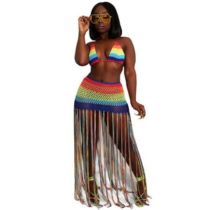 Women Beach Bikini Swimsuit Set Colorful Hollow Out Plage Maillots De Bain Et Cache 2 PCS Crochet Top And Bottom Cover Up Dress