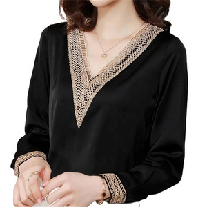 2023 Long Sleeve Solid White Black V-Neck Embroidery Chiffon Blouse Shirt Office Lady Work Blusas Mujer E653