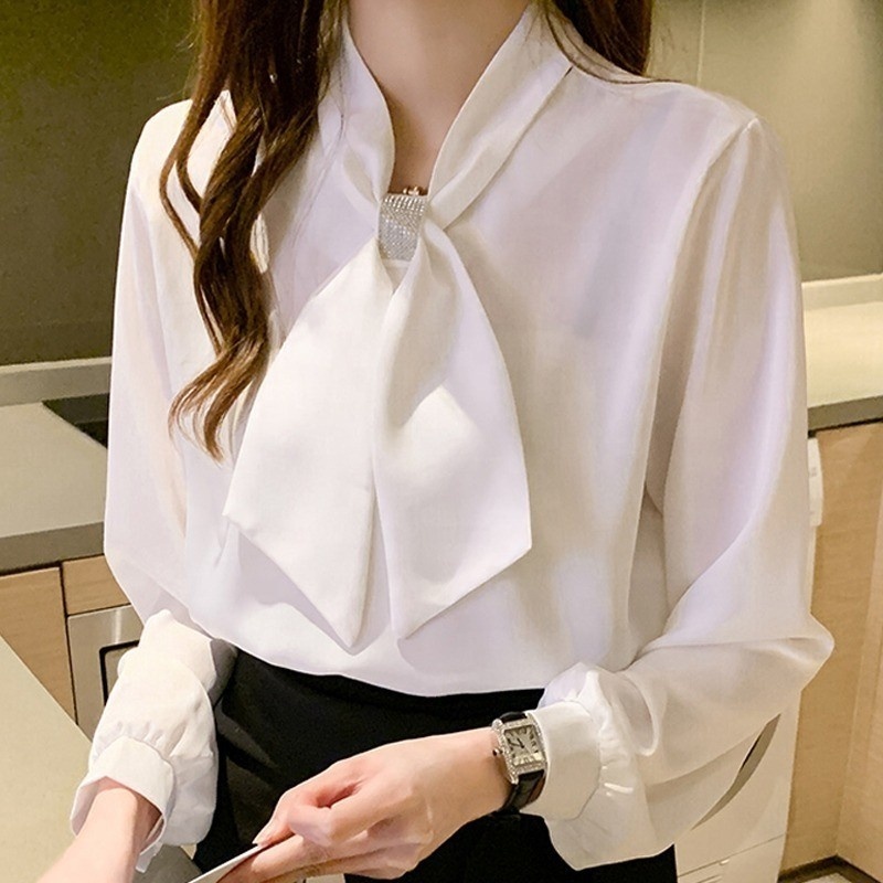 Long Sleeve Solid White Red Blouse Shirt Office Women Bow V-Neck Sequined Chiffon Blouses Tops Women Blusa