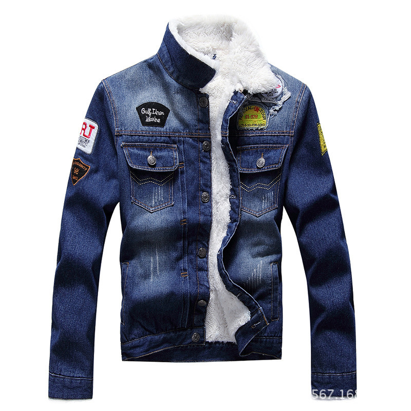 Wholesale Plain Winter Jeans Jaket Mens Patch Button Up Thick Winter Bulk Denim Jacket