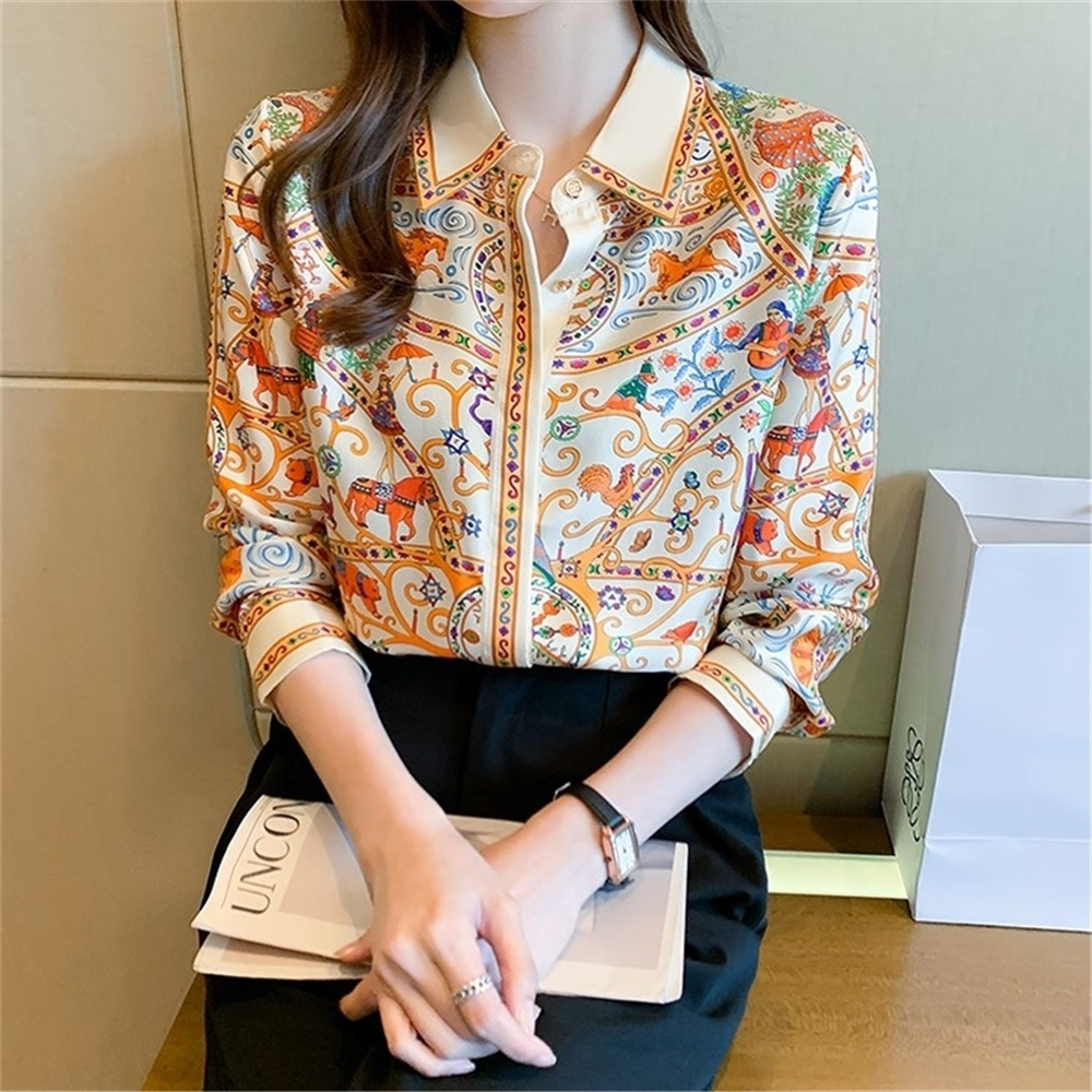 Basic Office Lady Blusa Turn-Down Collar Vintage Print Tops Elegant Chiffon Women Blouses Loose Casual Shirts