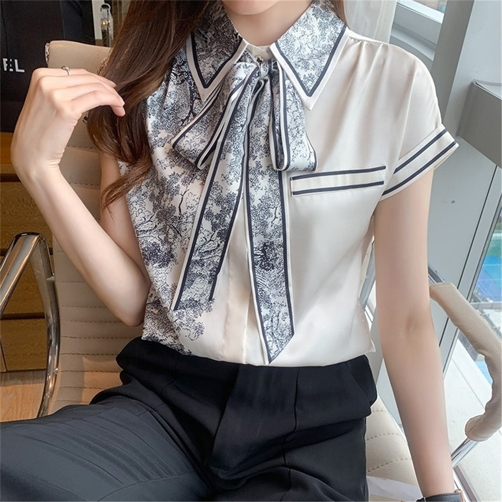 Satin Loose Large Size Women Blouse Summer New Casual Fashion Short Sleeve Top Stitching Bow Collar Shirt 9350#