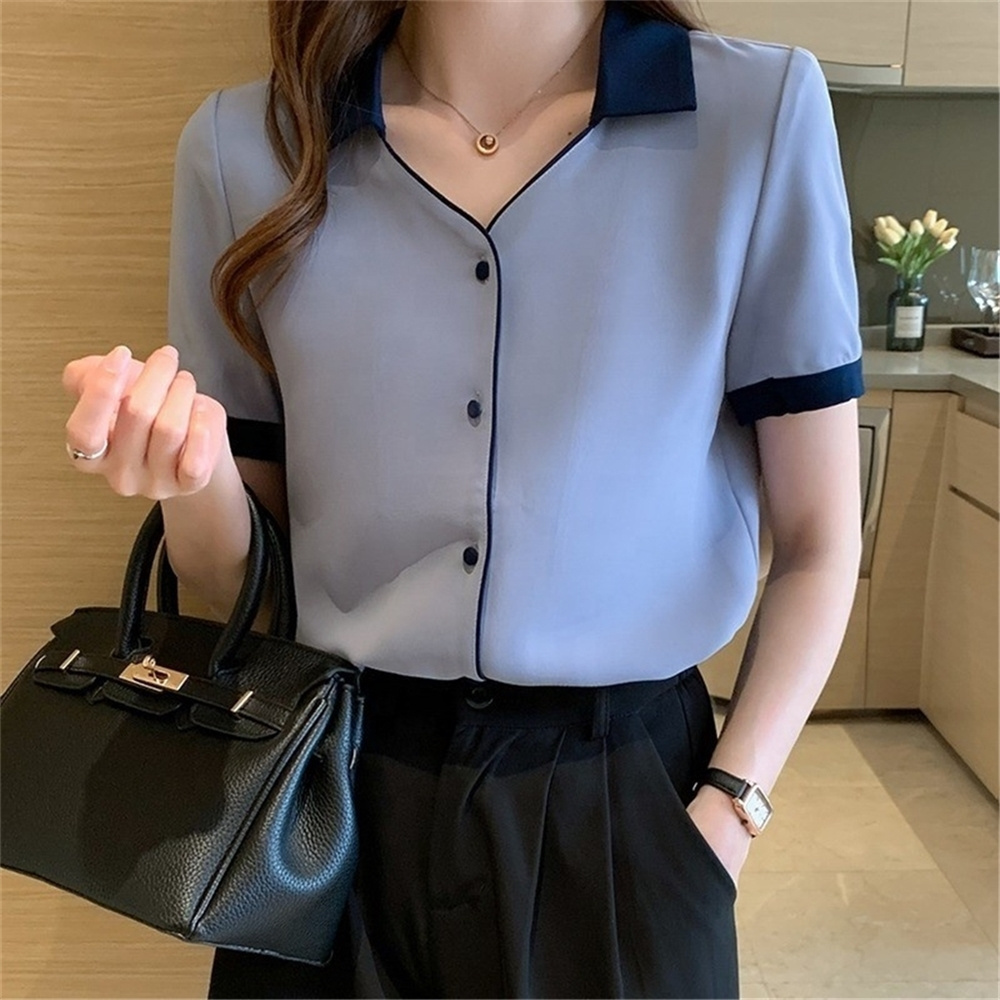 Blusas Blouses Top Femme Short Sleeve V-Neck Chiffon Blouse Shirt Women Blue Blusas Mujer De Moda E841