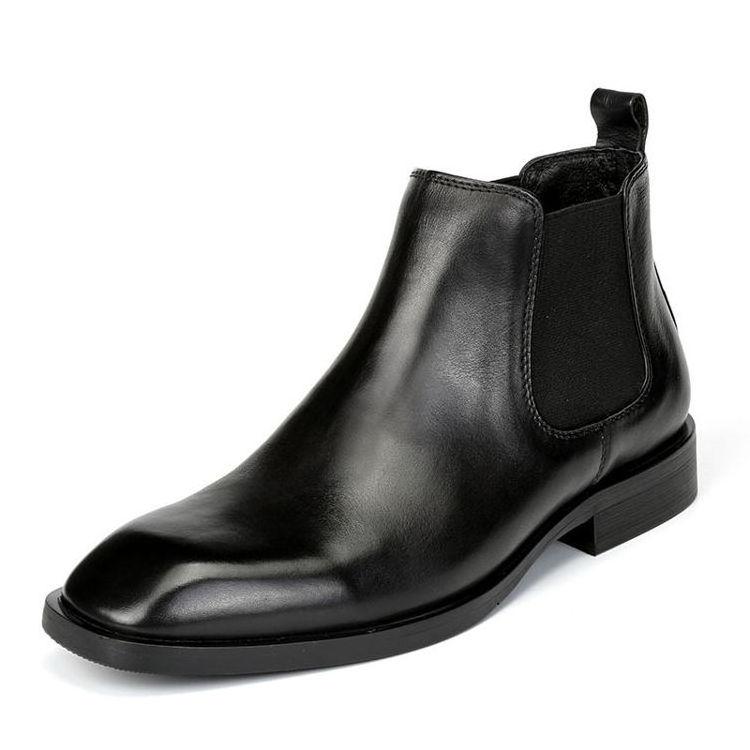 Men Leather Chelsea Boots Hot Sell Men Autumn Genuine Leather Waterproof Black Square Toe Ankle Chelsea Boots With Block Heel