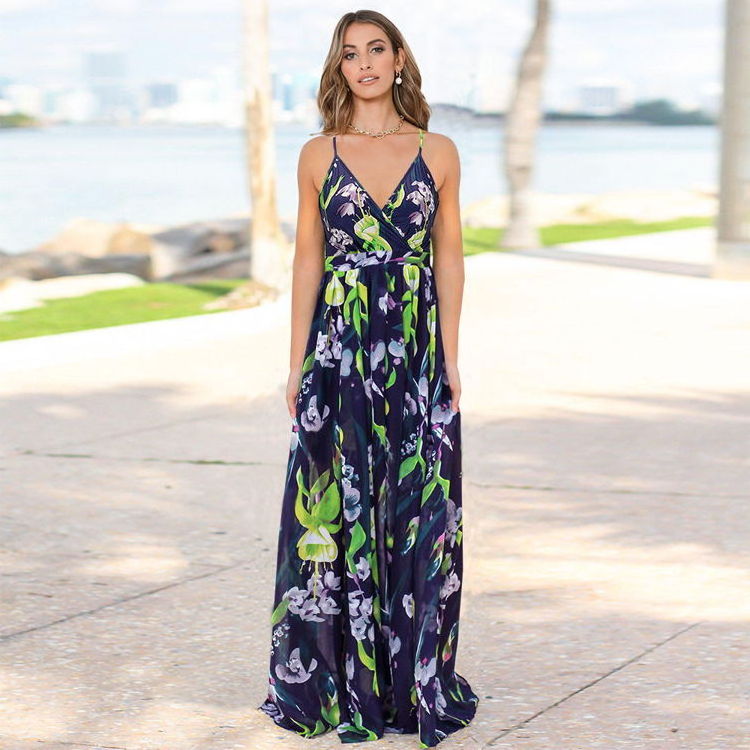 Beach Dresses 2022 Wholesale Summer Longue Robe De Plage Sexy Flora Print New Fashion Lady Maxi Long Beach Dress For Women