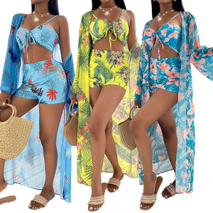 Wholesale Women Summer Beachwear Maillots De Bain Et Cache 3 Piece Beach Bathing Suits Chiffon Bikini Swimsuit And  Cover Up