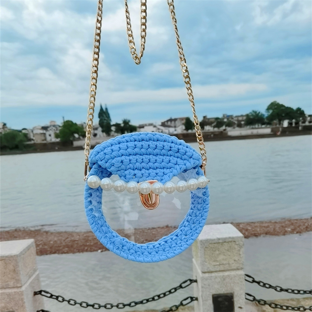 2022 Round French Woven Straw Bag Sac Paille Tas Jerami Fashion Girl Transparent Chain Pearl Buckle Pvc Straw Bag