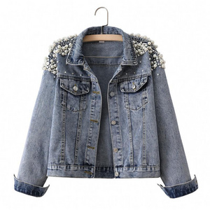 Pearl Denim Jacket Blue Jean Long Pearled Cropped Sleeveless Ladies  Oversize Nail Pearl Gem Embellished Mrs Bride Denim Jacket