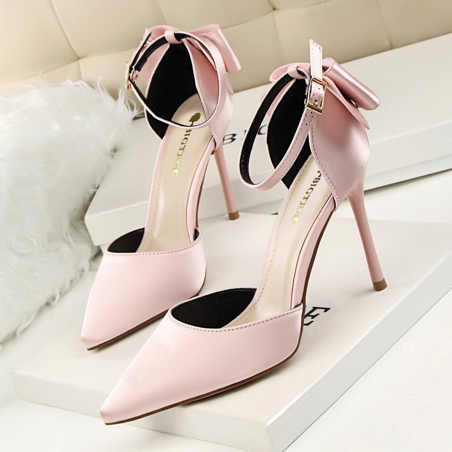 Latest Korean Sweet Ladies Pumps Shoes Hollow Back Bow Shallow Mouth Stiletto High Heels Shoes For Women 43 Size