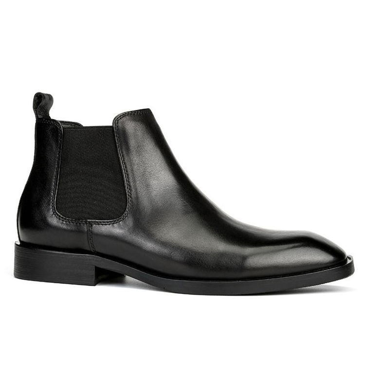 Men Leather Chelsea Boots Hot Sell Men Autumn Genuine Leather Waterproof Black Square Toe Ankle Chelsea Boots With Block Heel