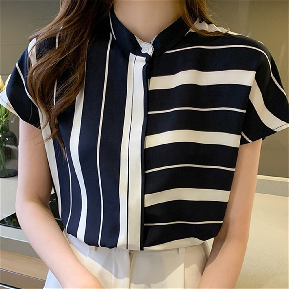 Blouses Shirts Short Sleeve Summer Striped Chiffon Blouse Women Shirt Tops Ladies E984