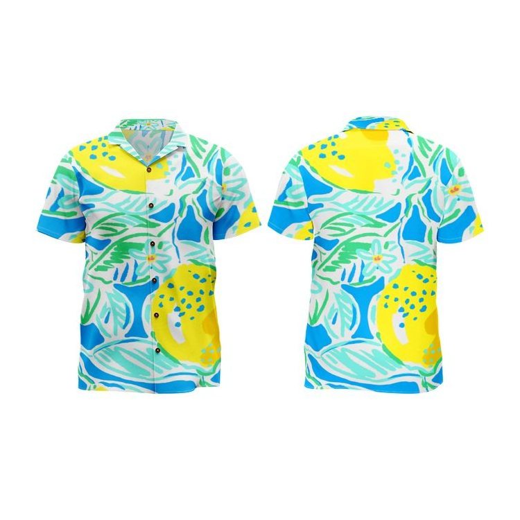 Vacation Hawaiian Shirt Set Allover Logo Short Sleeve Silk Camp Custom Printed Hawaiian Button Up Shirt For Men