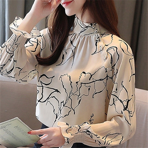 Long Sleeve Office Lady Women Blouses Shirts White Flower Print Chiffon Women Tops With Button Blusas Mujer De Moda B985