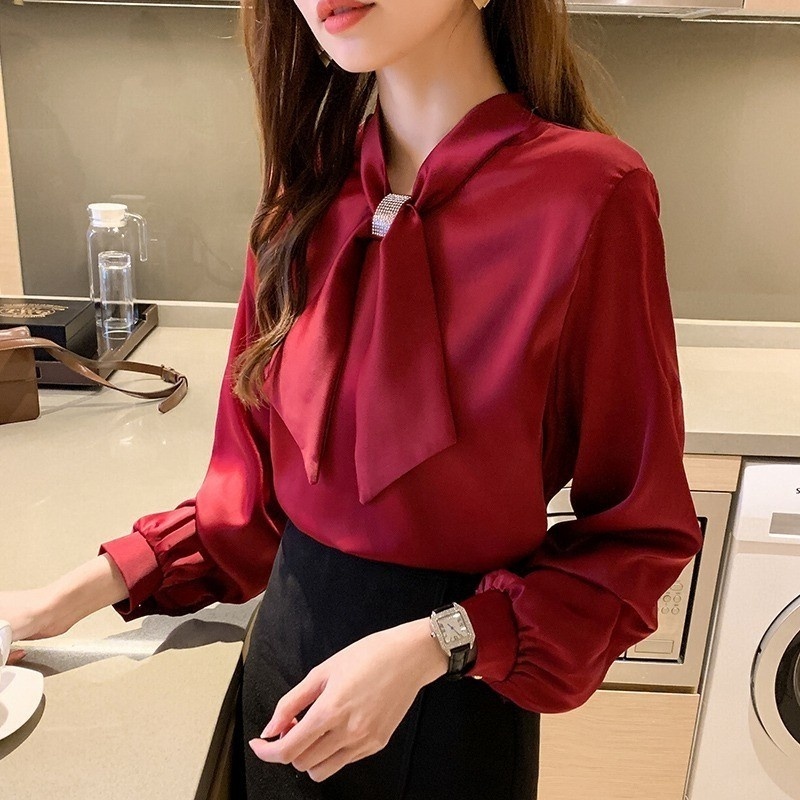 Long Sleeve Solid White Red Blouse Shirt Office Women Bow V-Neck Sequined Chiffon Blouses Tops Women Blusa