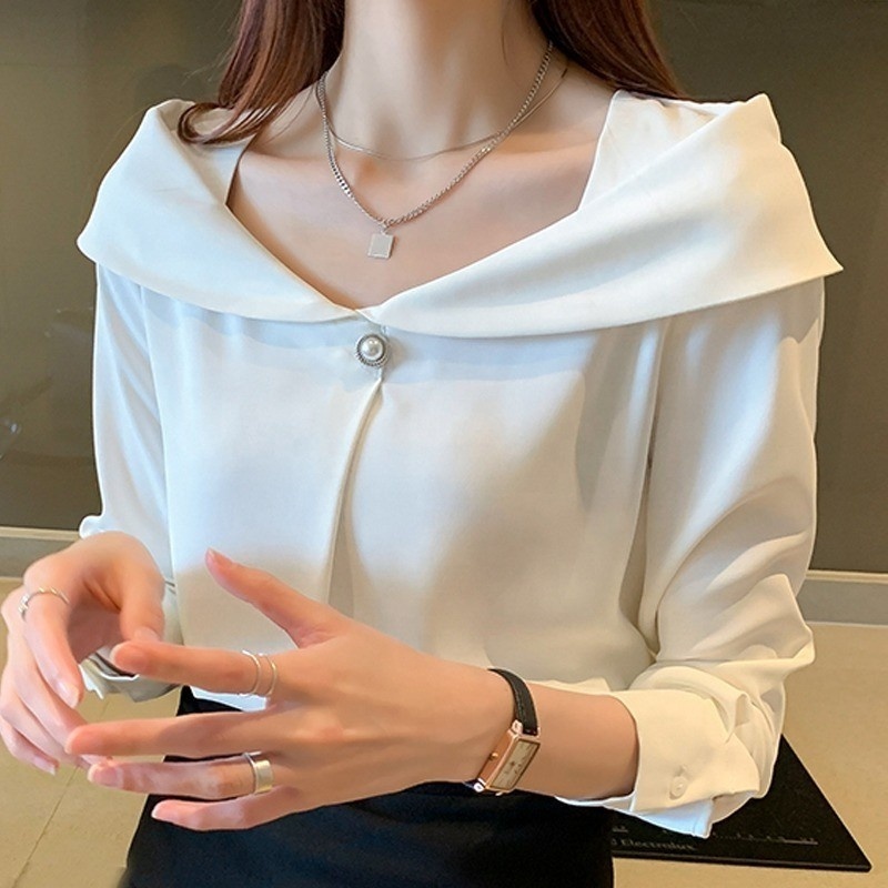 Autumn Women V-Neck Long Sleeve White Chiffon Blouse Tops Women Blusas Mujer De Moda 2023 2024  Blouses Femme Shirts