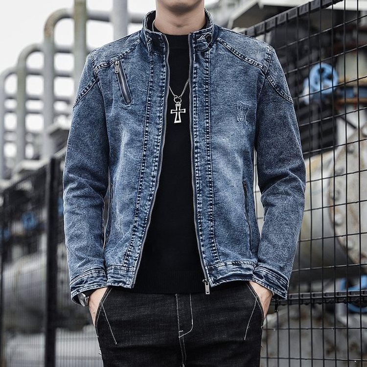 2022 Wholesale New Casual Men's Jean Jacket Slim Zip Up Coat Male Clothes Blue Cotton Denim Jacket Men