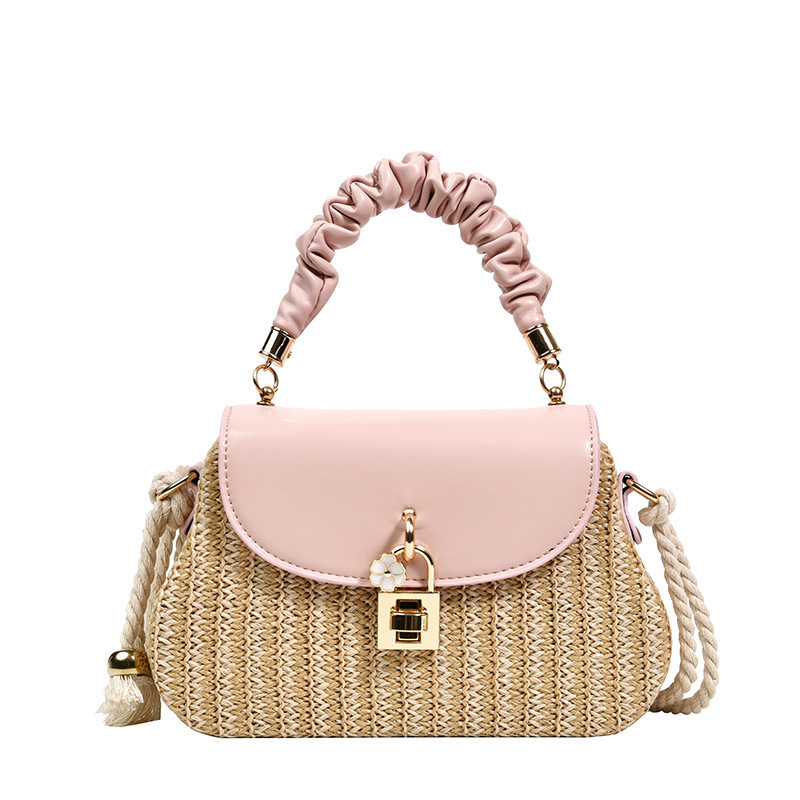 2024 Wholesale Straw Beach Bags Women Handbags Sac En Paille Pink Pu Leather Straw Crossbody Bag With Lock