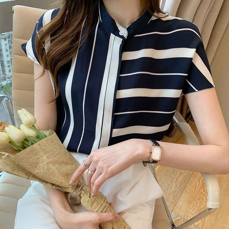 Blouses Shirts Short Sleeve Summer Striped Chiffon Blouse Women Shirt Tops Ladies