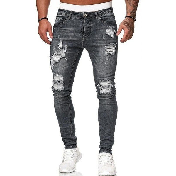 2022 New Cheap Fashion Men's Pant Apparel > Men's Clothing > Men's Jeans Pantalon Jean Pour Homm Light Blue Denim Ripped Jeans