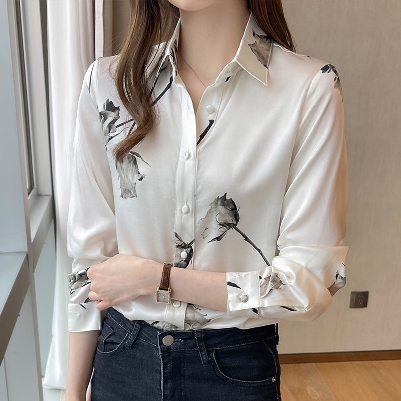 Silk Satin Blouses Women Tops Korean Fashion Long Sleeve Button Up Shirt Clothes Office Lady Floral V-Neck