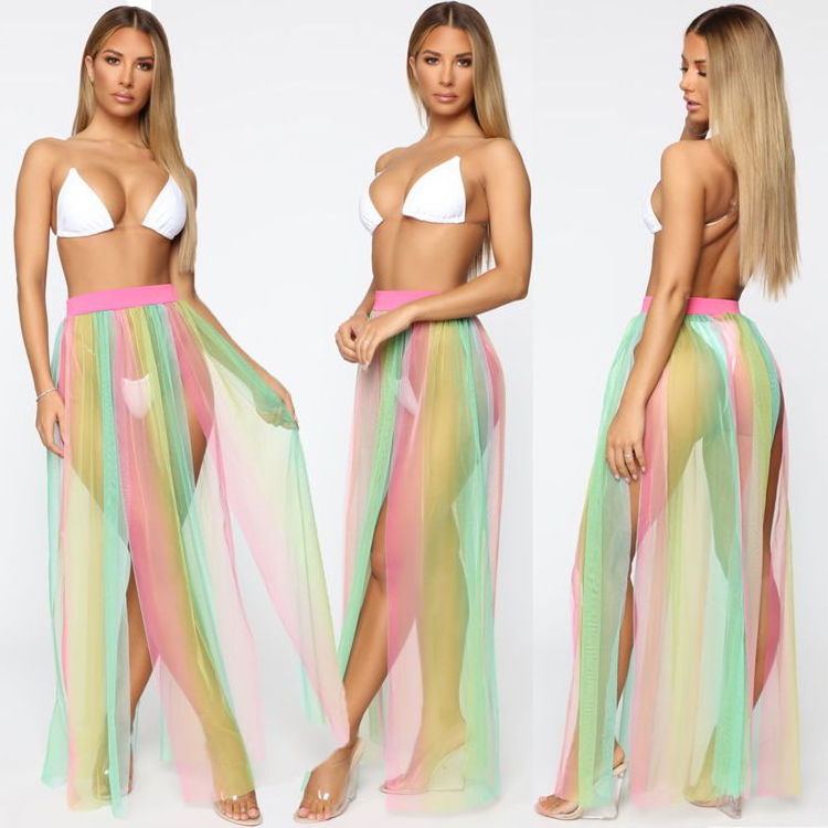 Wholesale 2022 Women Fashion Rainbow Robe De Plage Sexy Transparent Mesh Beach Dress Sarong Bathing Suit Belt Cover Up Skirt