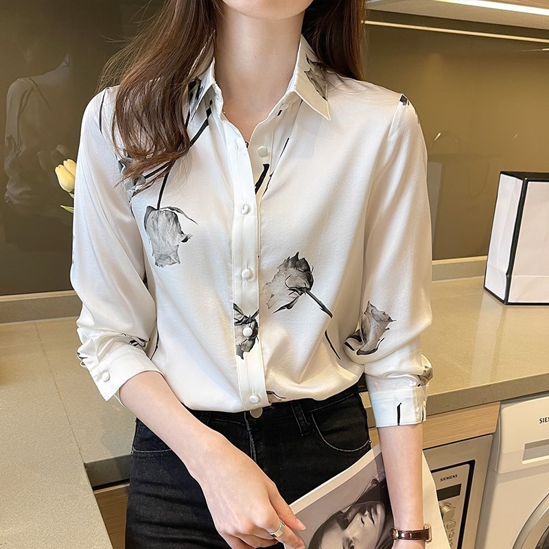 Silk Satin Blouses Women Tops Korean Fashion Long Sleeve Button Up Shirt Clothes Office Lady Floral V-Neck