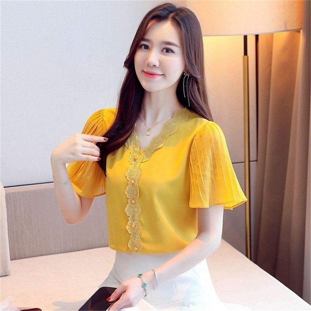 Blouses Femme Top Summer Women Short Sleeve Women Blusas Mujer De Moda Verano V-Neck Chiffon Blouse Shirt E751