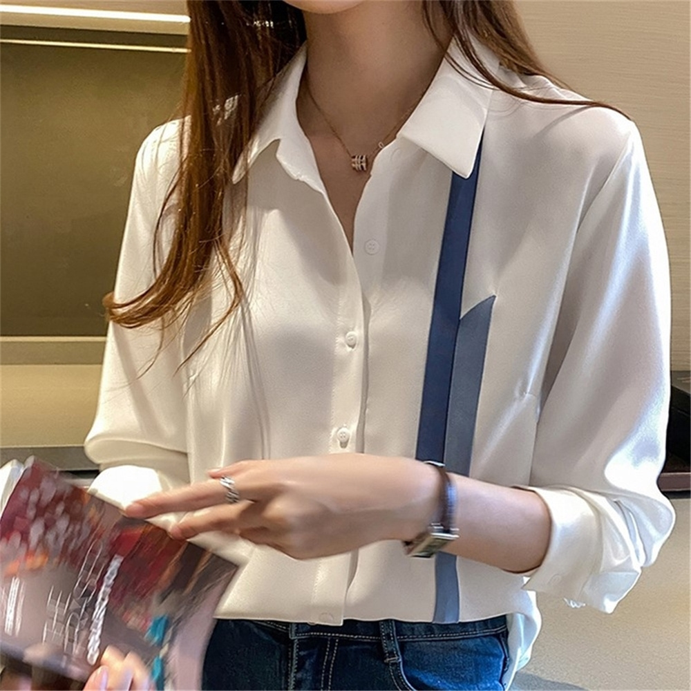 Blouse Women Spring Autumn Single Breasted Turn-Down Collar Shirts Office Work Blouses Chiffon Vintage Loose Tops 18114#