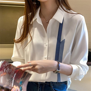 Blouse Women Spring Autumn Single Breasted Turn-Down Collar Shirts Office Work Blouses Chiffon Vintage Loose Tops 18114#