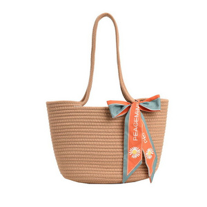 Wholesale Straw Bags European Style Silk Scarf Bucket Bag Bolsa De Paja Elegant Tote Handbags Women Shoulder Bags