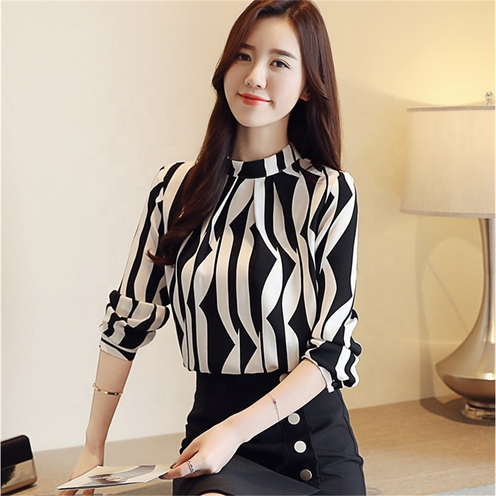 Fashion Woman Striped Chiffon Blouse Long Sleeve Women Shirts Office Work Wear Ladies Tops Blusas Femme 6517#