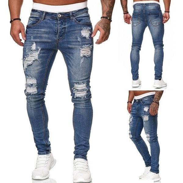 2022 New Cheap Fashion Men's Pant Apparel > Men's Clothing > Men's Jeans Pantalon Jean Pour Homm Light Blue Denim Ripped Jeans