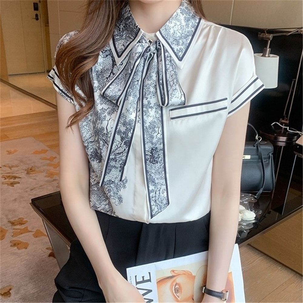 Satin Loose Large Size Women Blouse Summer New Casual Fashion Short Sleeve Top Stitching Bow Collar Shirt 9350#