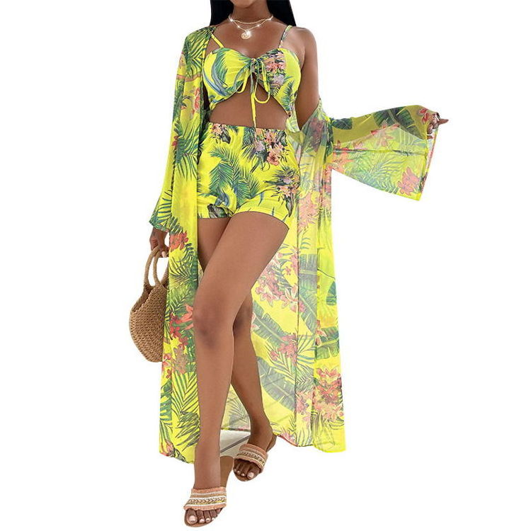 Wholesale Women Summer Beachwear Maillots De Bain Et Cache 3 Piece Beach Bathing Suits Chiffon Bikini Swimsuit And  Cover Up