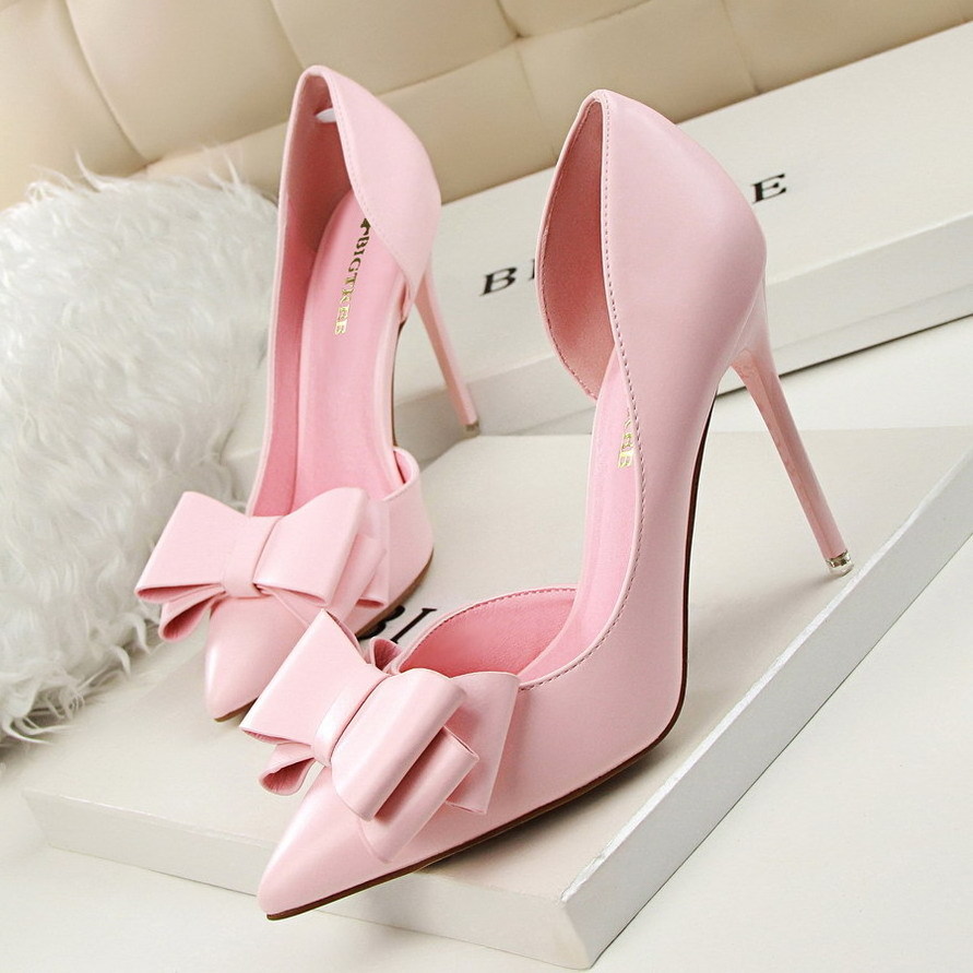 Stylish Simplicity Girl Pointed Stiletto Heels 2021 Cute Bow Side Cutout Plus Size Women'S Pumps Heel Shoes