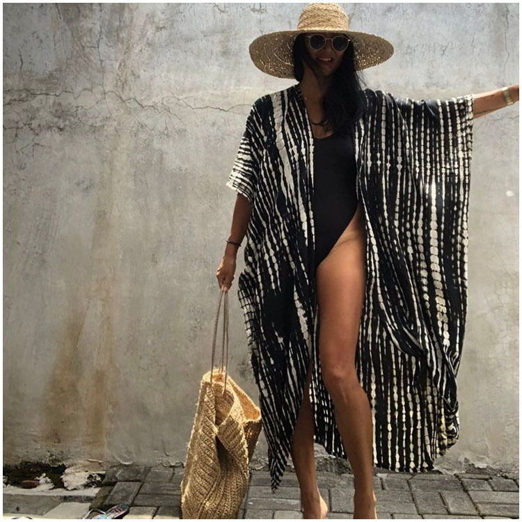 Kimono Beach 2022 Rayon Women Summer Tunics Robe de Plage Tie Dye Stripe Open Cardigan Beach Kimono for Bikini Cover