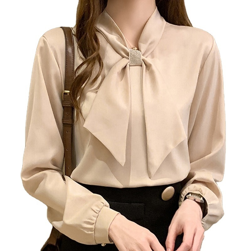 Long Sleeve Solid White Red Blouse Shirt Office Women Bow V-Neck Sequined Chiffon Blouses Tops Women Blusa